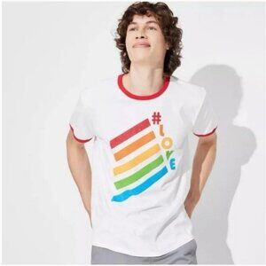 Pride - Short Sleeve T-shirt with bright Multicolored LOVE Text & Stripes